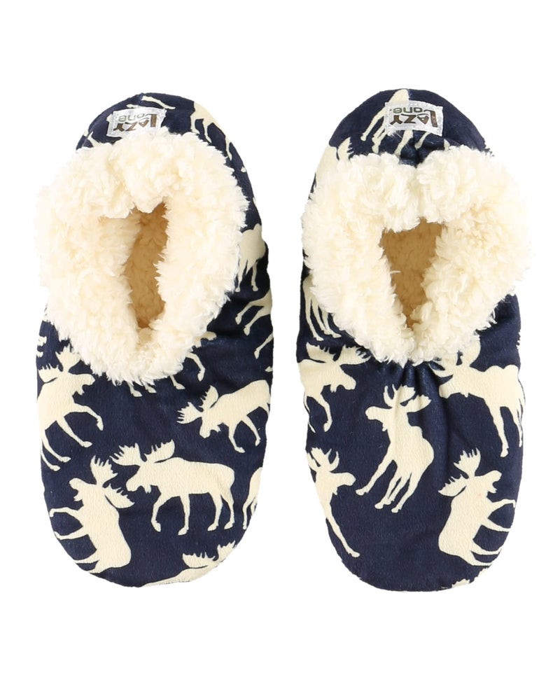 Lazy One Fuzzy Feet Slippers for Women, Cute Fleece-Lined House Slippers, Moose, Blue, Non-Skid - Image 1